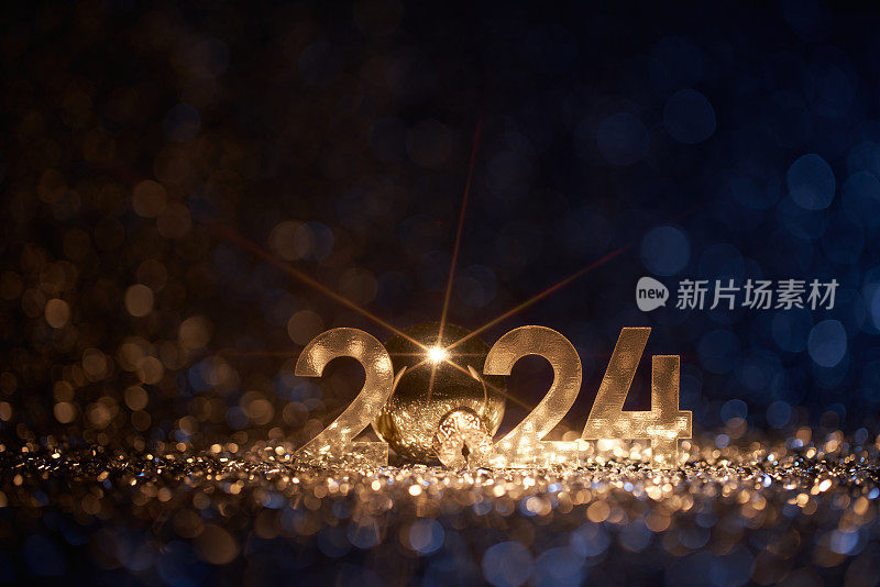 新年快乐2024 -圣诞金蓝色闪光庆祝活动